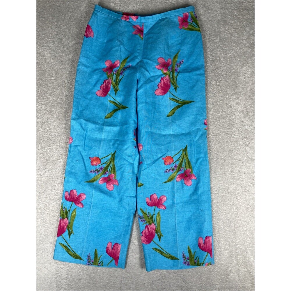 Vintage Talbots 100% Linen Wide Leg Cropped Pants Women's 12 Blue Floral lined